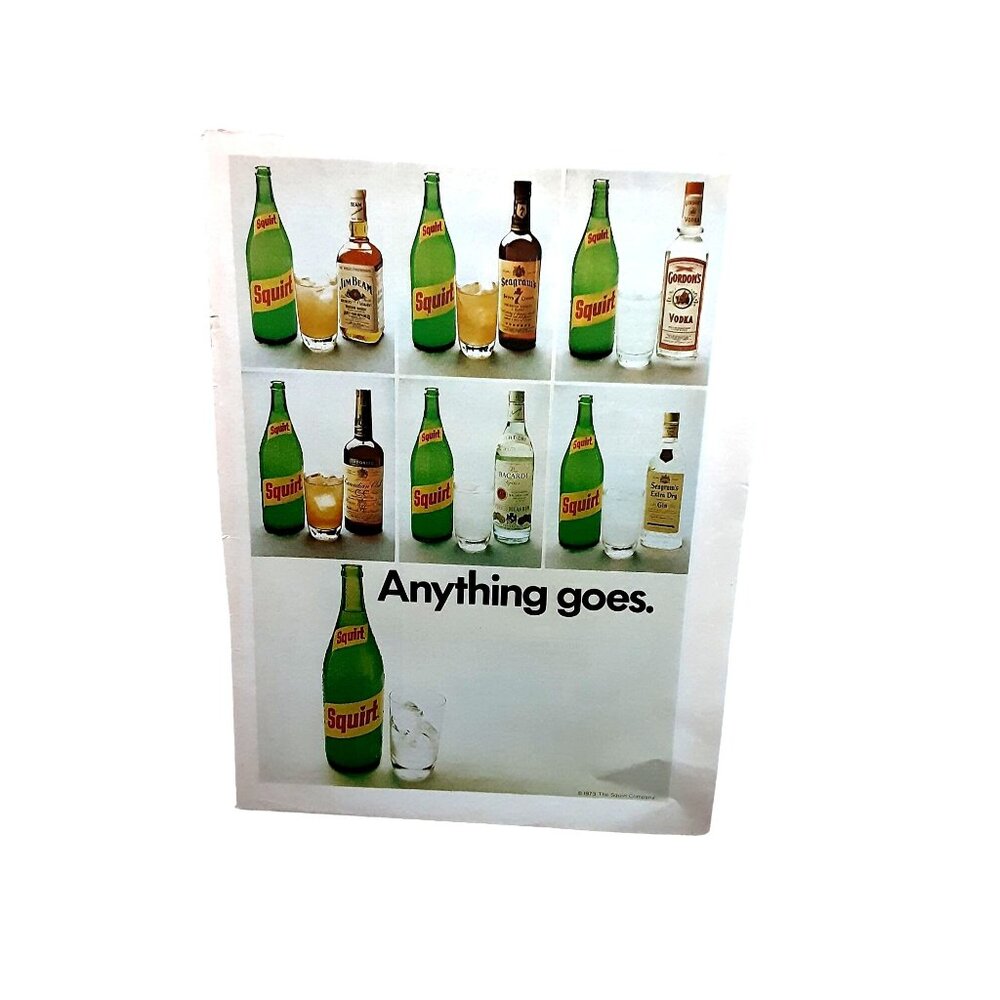 1974 Squirt Anything Goes Bottle Whiskey Bourbon Gin Original Print ad 70s